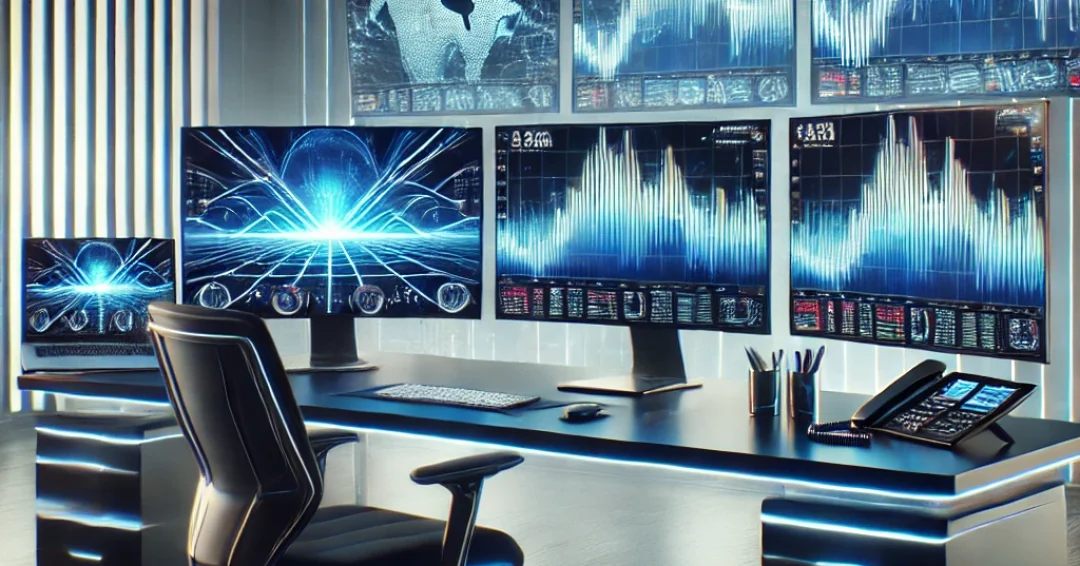 DALL·E 2025-02-21 00.43.20 - A professional trading setup featuring multiple monitors displaying forex charts, a sleek modern desk, and a digital representation of the NordFX logo