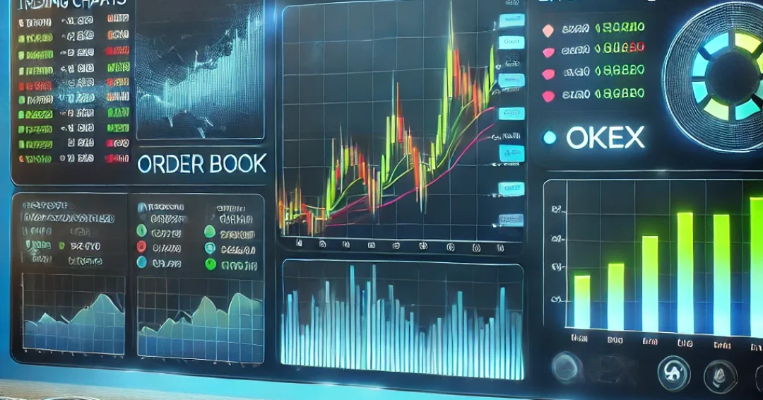 DALL·E 2025-02-25 03.16.02 - A modern cryptocurrency exchange interface showing live trading charts, order books, and recent transactions, with the OKEx logo prominently displayed