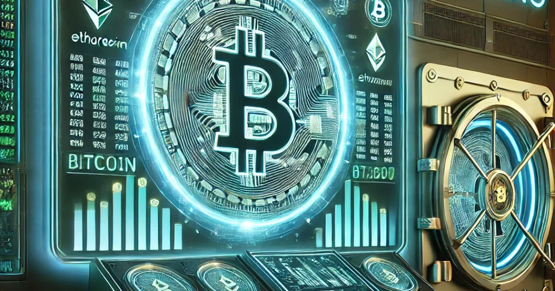 DALL·E 2025-02-28 00.42.09 - A futuristic AI-designed cryptocurrency exchange inspired by Excoino. The image features a sleek trading platform interface with glowing digital chart