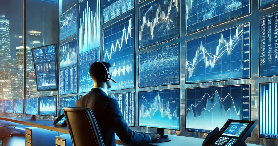 DALL·E 2025-02-28 01.33.16 - A futuristic trading office with multiple computer screens displaying financial charts, forex trading graphs, and cryptocurrency data. A professional