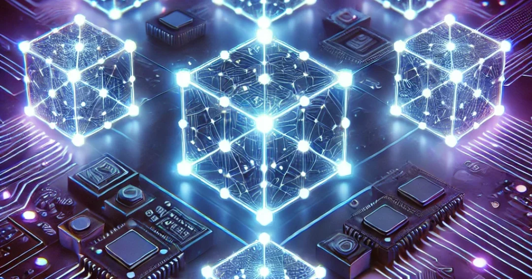 DALL·E 2025-03-11 03.44.43 - A futuristic digital representation of blockchain technology. A network of interconnected blocks glowing in blue and purple, symbolizing data transact